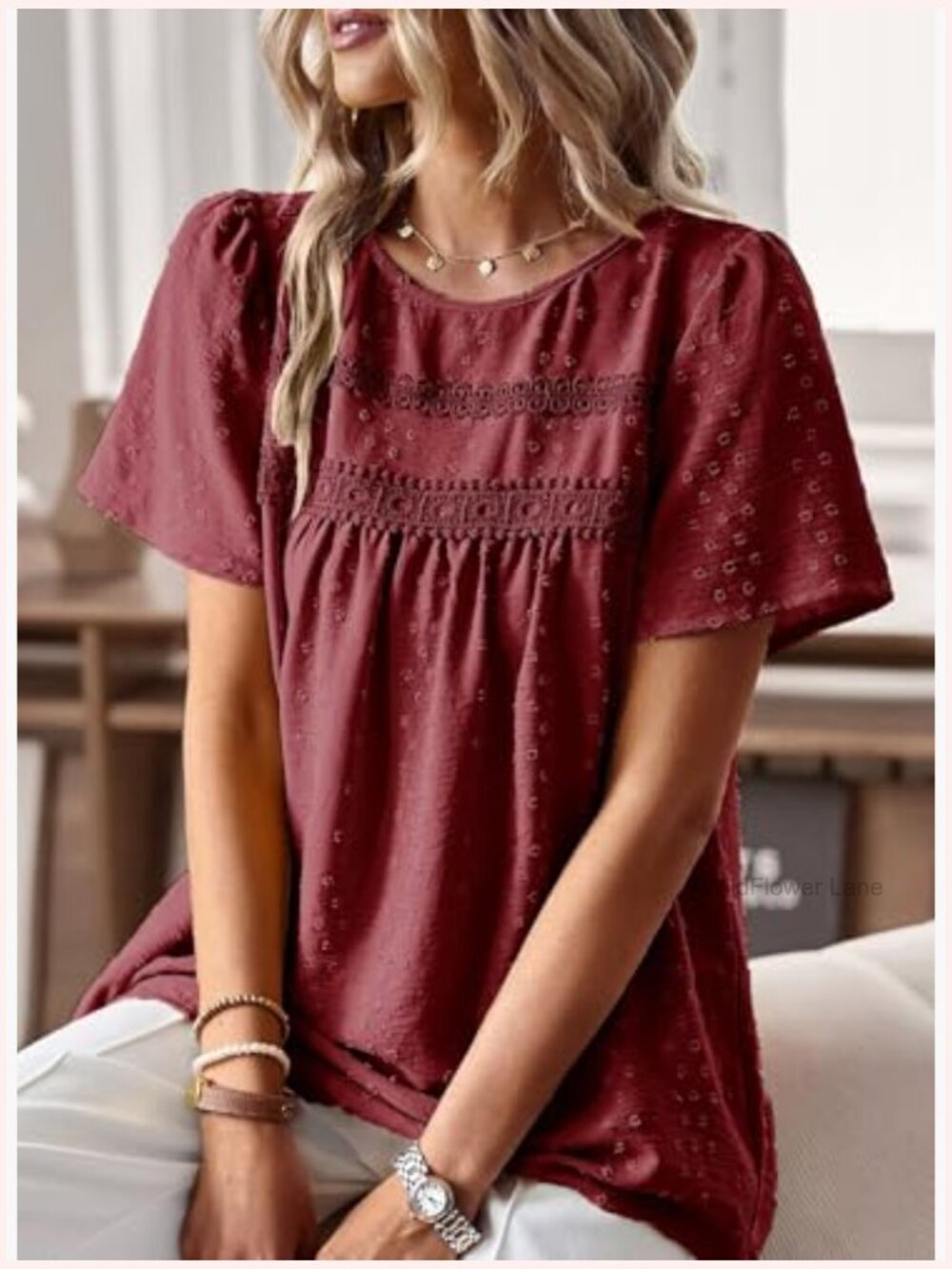 Crewneck Short Sleeve Blouse Flowy Lace Hem Boho Tunic - Picture 2 of 7